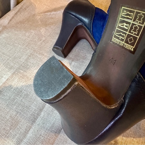 MISS L FIRE Delano 41 (10 - 10.5) navy blue suede leather loafer heel pumps bows - Picture 10 of 13